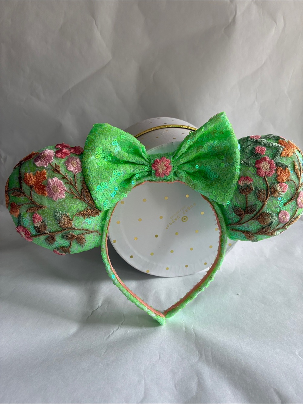 Disney Minnie Mouse Ears Green Sequin Floral Embroidered Bow Headband